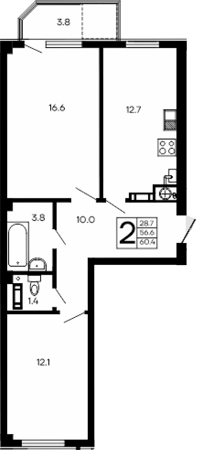 2-комн., 56.6 м²