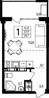 Студия, 22.9 м²