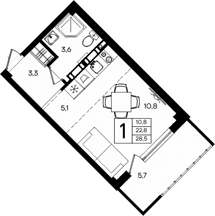 Студия, 22.8 м²