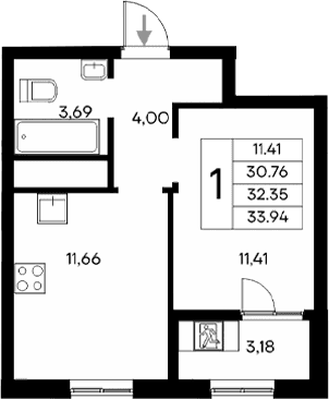 1-комн., 30.76 м²