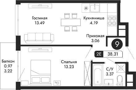 2-комн., 37.34 м²