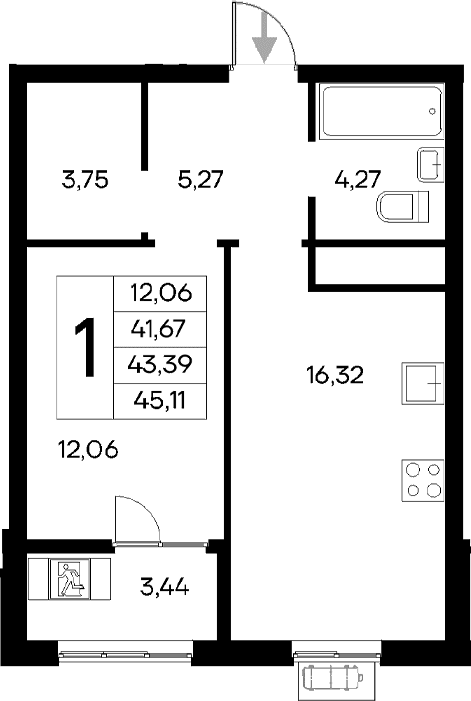 1-комн., 41.67 м²