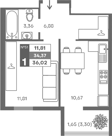 1-комн., 32.72 м²