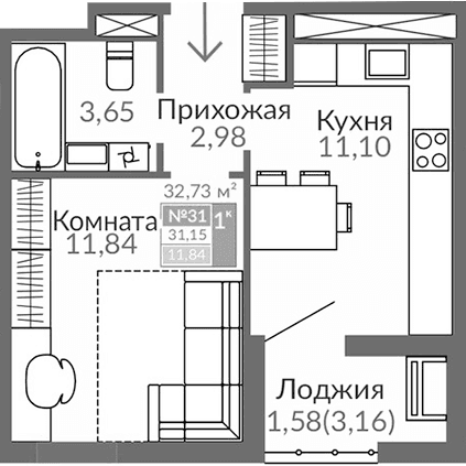 1-комн., 29.57 м²