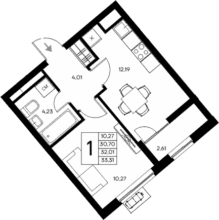 1-комн., 30.7 м²