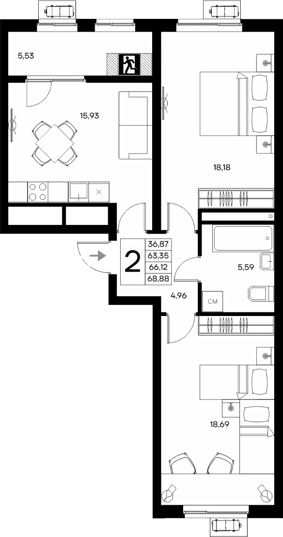 2-комн., 63.35 м²