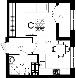 Студия, 28.75 м²