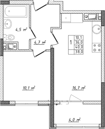 2-комн., 36 м²