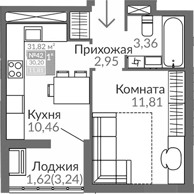 1-комн., 28.58 м²