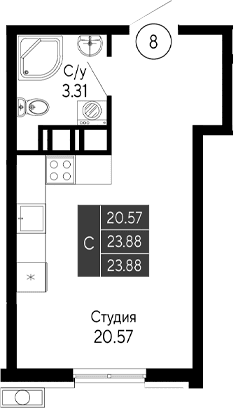 Студия, 23.88 м²