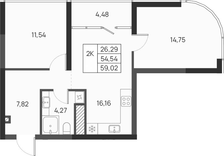 2-комн., 54.54 м²