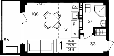 Студия, 22.9 м²