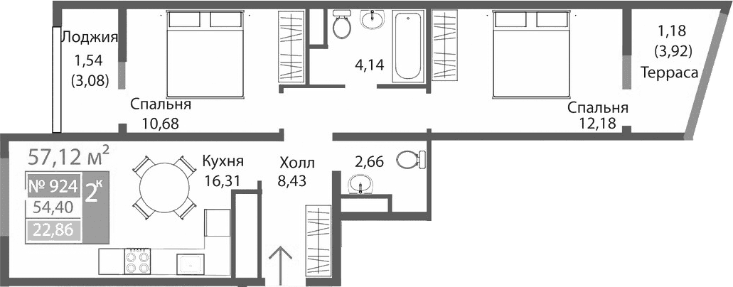 2-комн., 54.4 м²