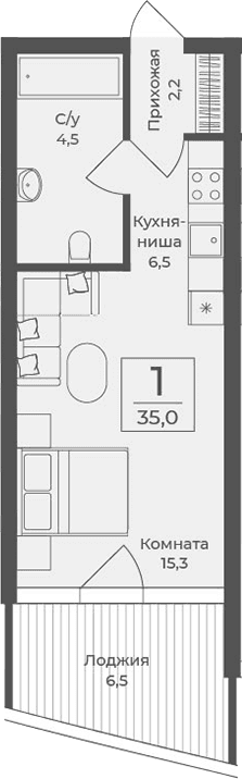 Студия, 28.5 м²