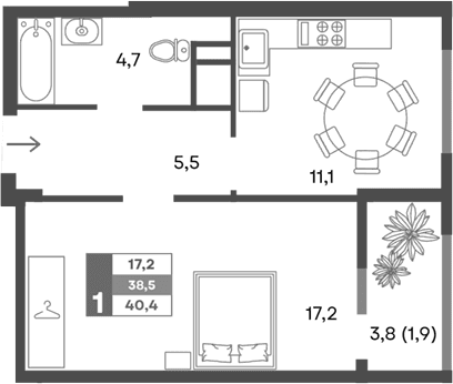 1-комн., 38.5 м²