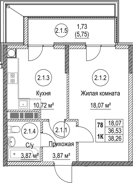 1-комн., 36.53 м²