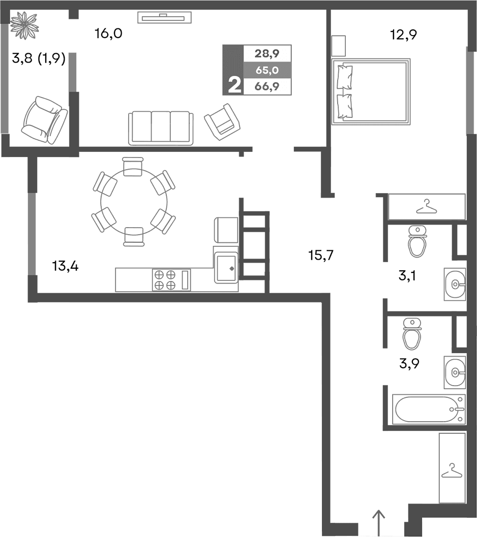 2-комн., 65 м²