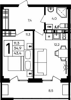 1-комн., 34.9 м²