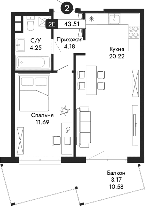 2-комн., 40.34 м²
