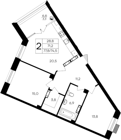 2-комн., 74.5 м²