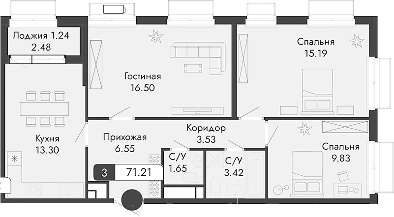 3-комн., 69.97 м²