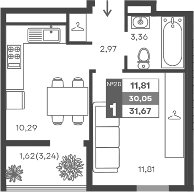 1-комн., 28.43 м²