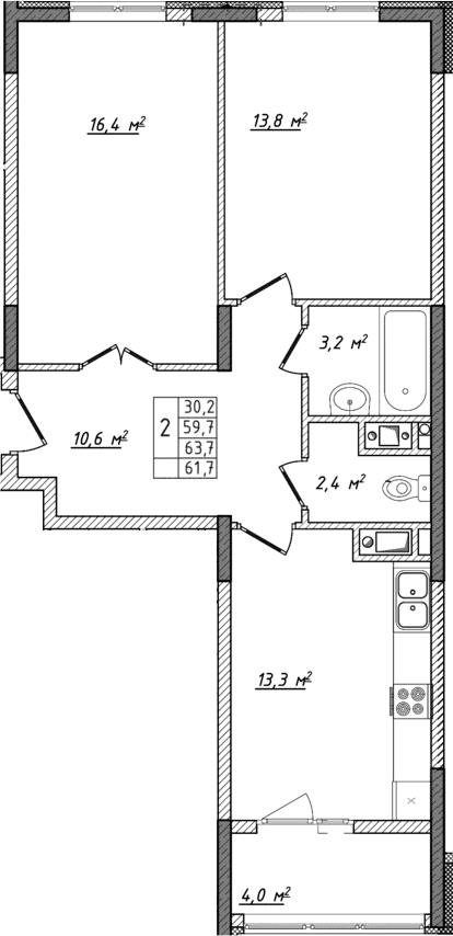 2-комн., 59.7 м²