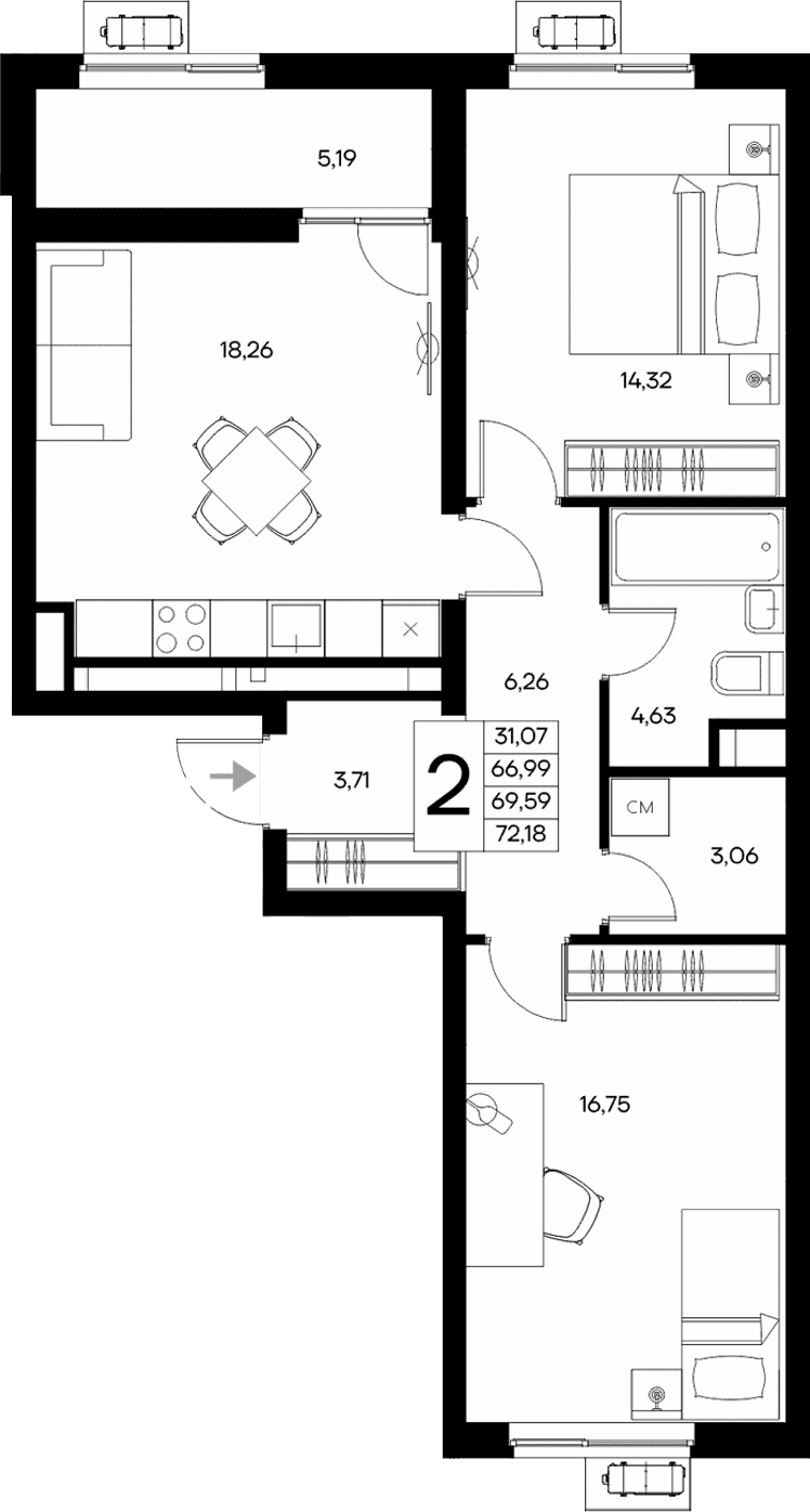 2-комн., 66.99 м²