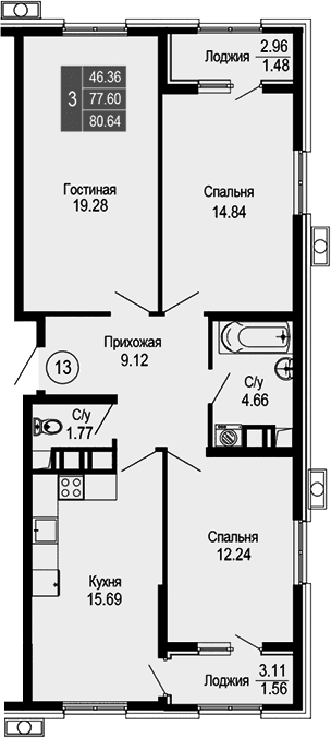 4-комн., 77.6 м²