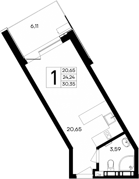 Студия, 24.24 м²