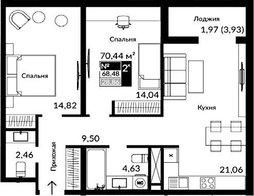 3-комн., 66.51 м²