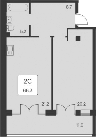 1-комн., 55.3 м²