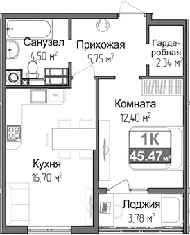 1-комн., 41.69 м²
