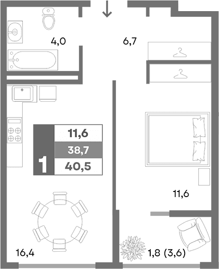 1-комн., 38.7 м²