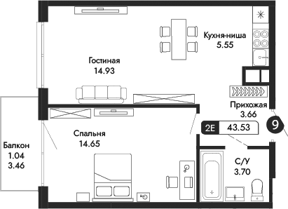 2-комн., 42.49 м²