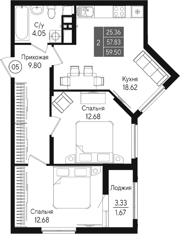 2-комн., 57.82 м²