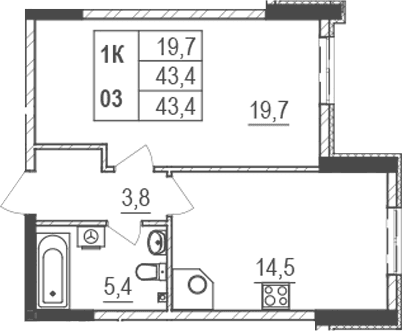 1-комн., 43.4 м²