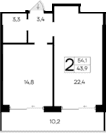 1-комн., 43.9 м²
