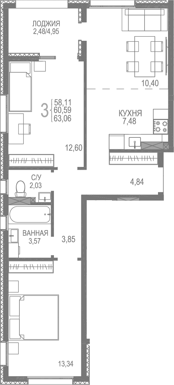 2-комн., 60.58 м²