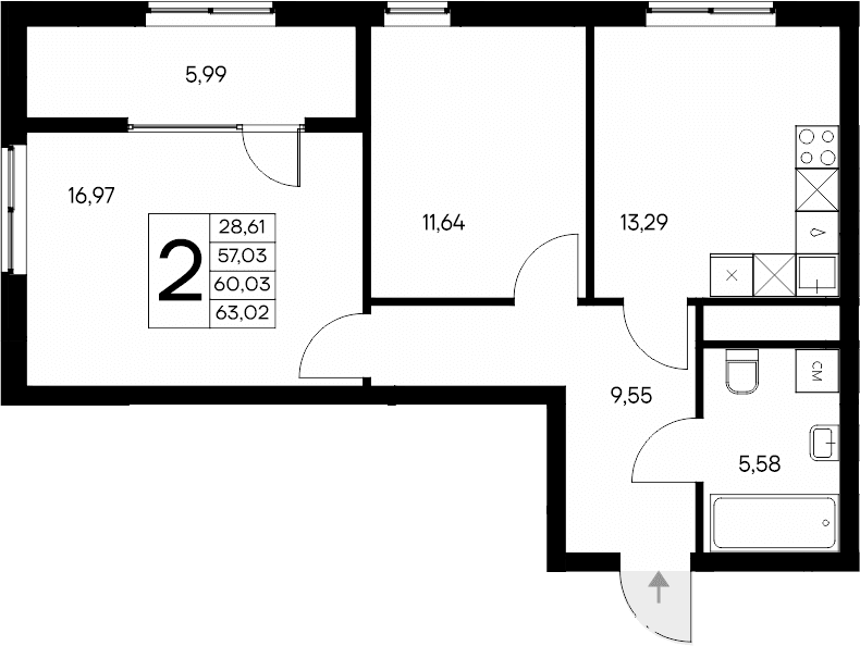 2-комн., 57.03 м²