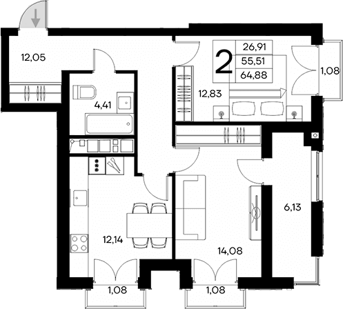 2-комн., 55.51 м²