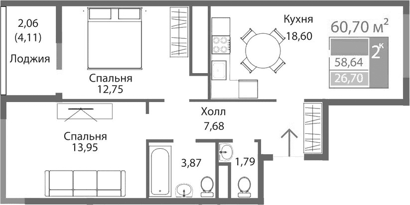 2-комн., 58.64 м²