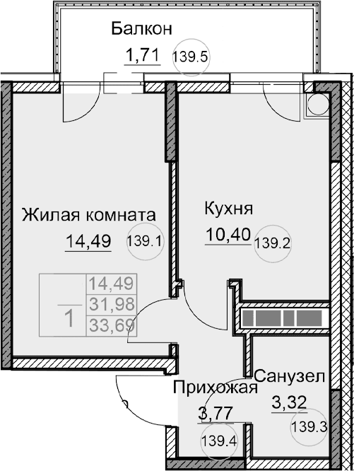 1-комн., 33.29 м²