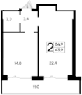 1-комн., 43.9 м²