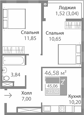2-комн., 43.54 м²