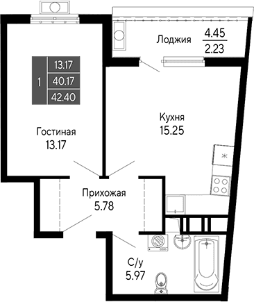 2-комн., 40.17 м²