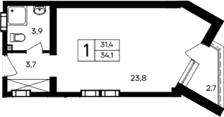 Студия, 31.4 м²