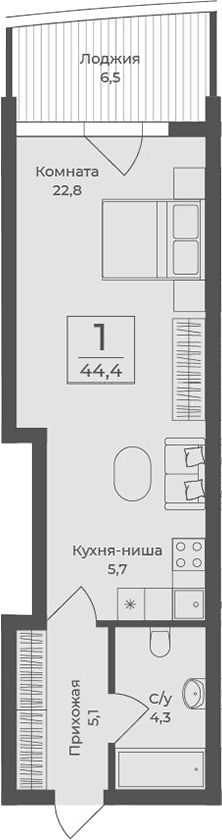 Студия, 37.9 м²