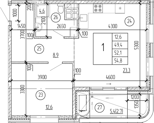 1-комн., 49.4 м²