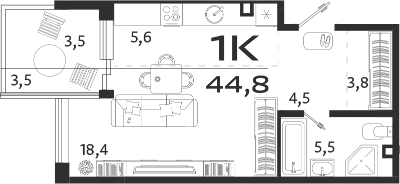 Студия, 41.3 м²
